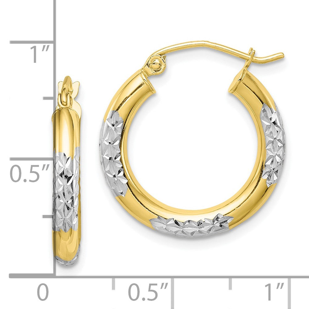 10K & Rhodium Diamond Cut Hoop Earrings