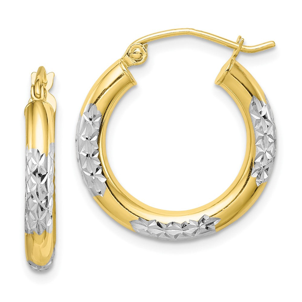 10K & Rhodium Diamond Cut Hoop Earrings