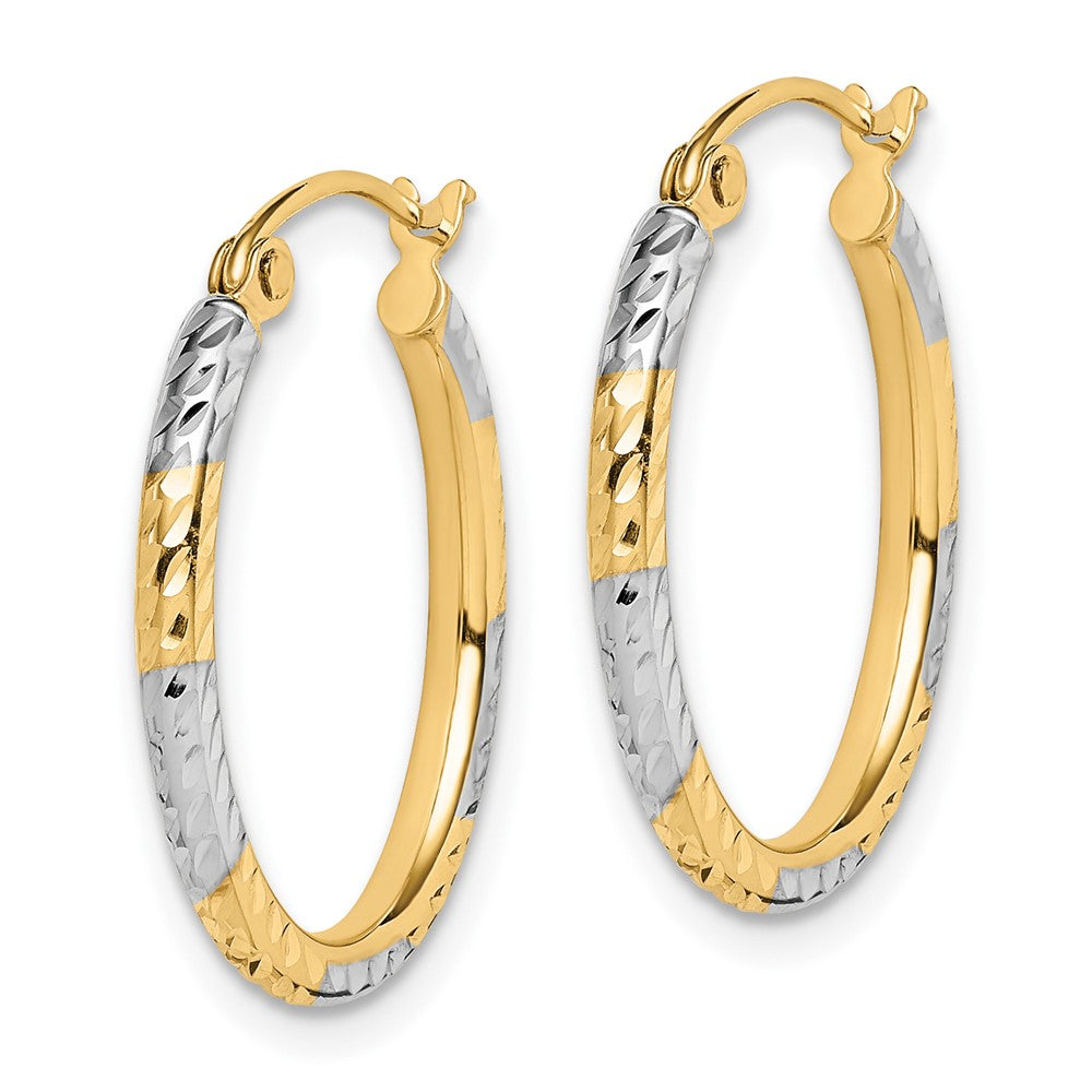 10K & Rhodium Diamond Cut Patterned Oval Hoop Earrings