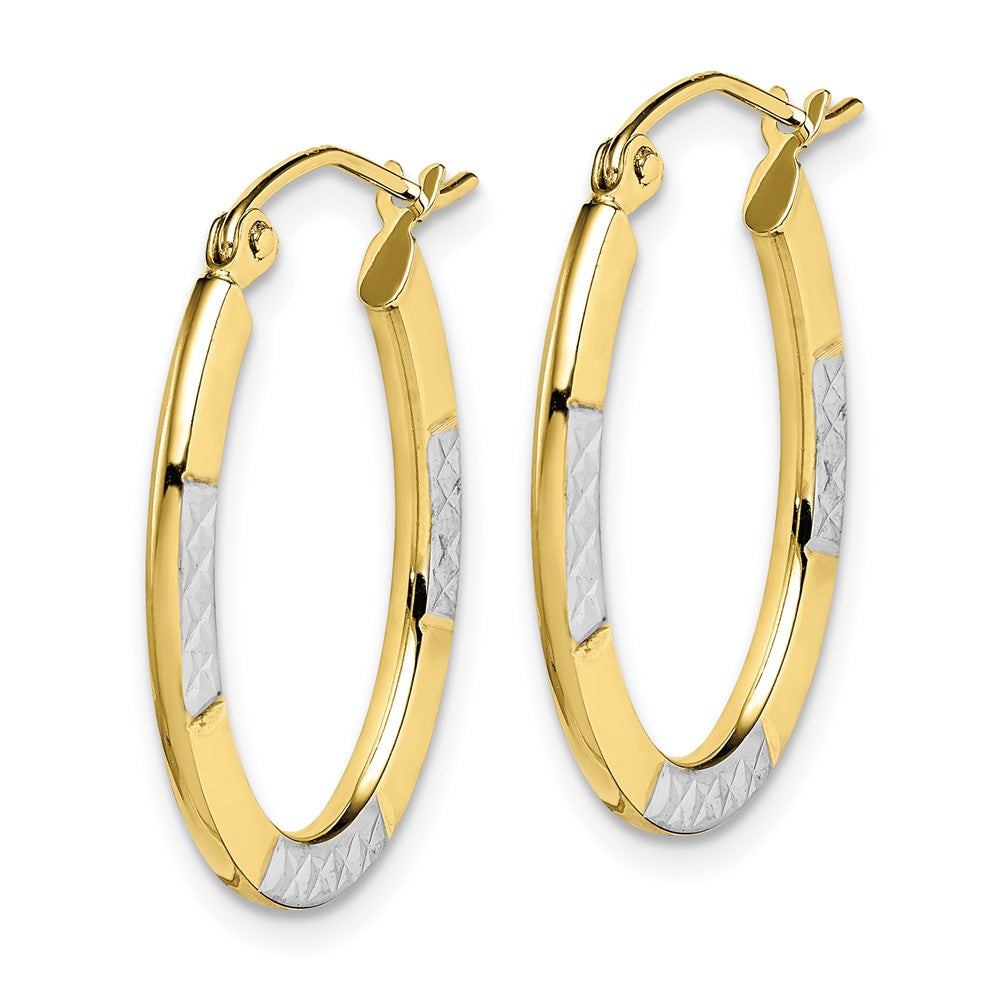 10K and Rhodium Diamond Cut Oval Hoop Earrings