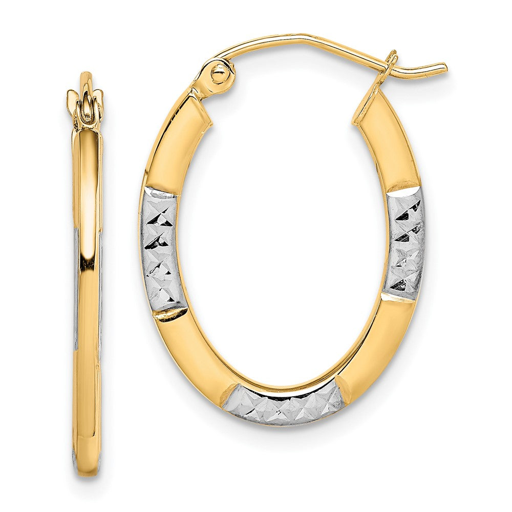 10K and Rhodium Diamond Cut Oval Hoop Earrings