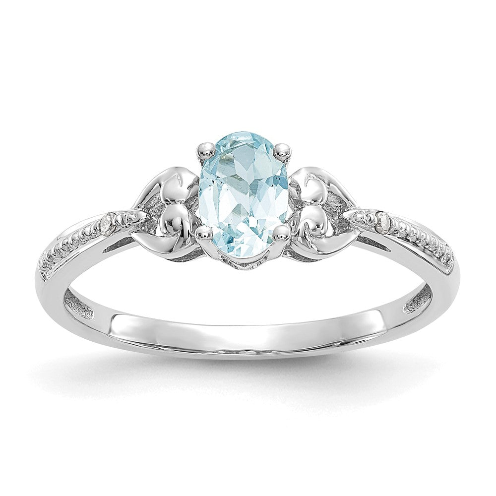 10k White Gold 6x Oval March/ Aquamarine and Diamond Size 7 Ring