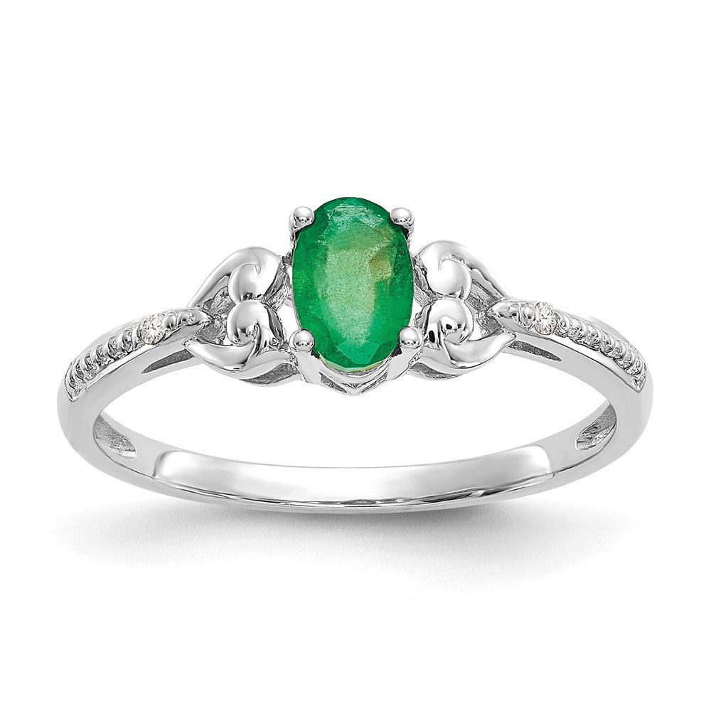 10k White Gold 6x Oval May/ Emerald and Diamond Size 7 Ring