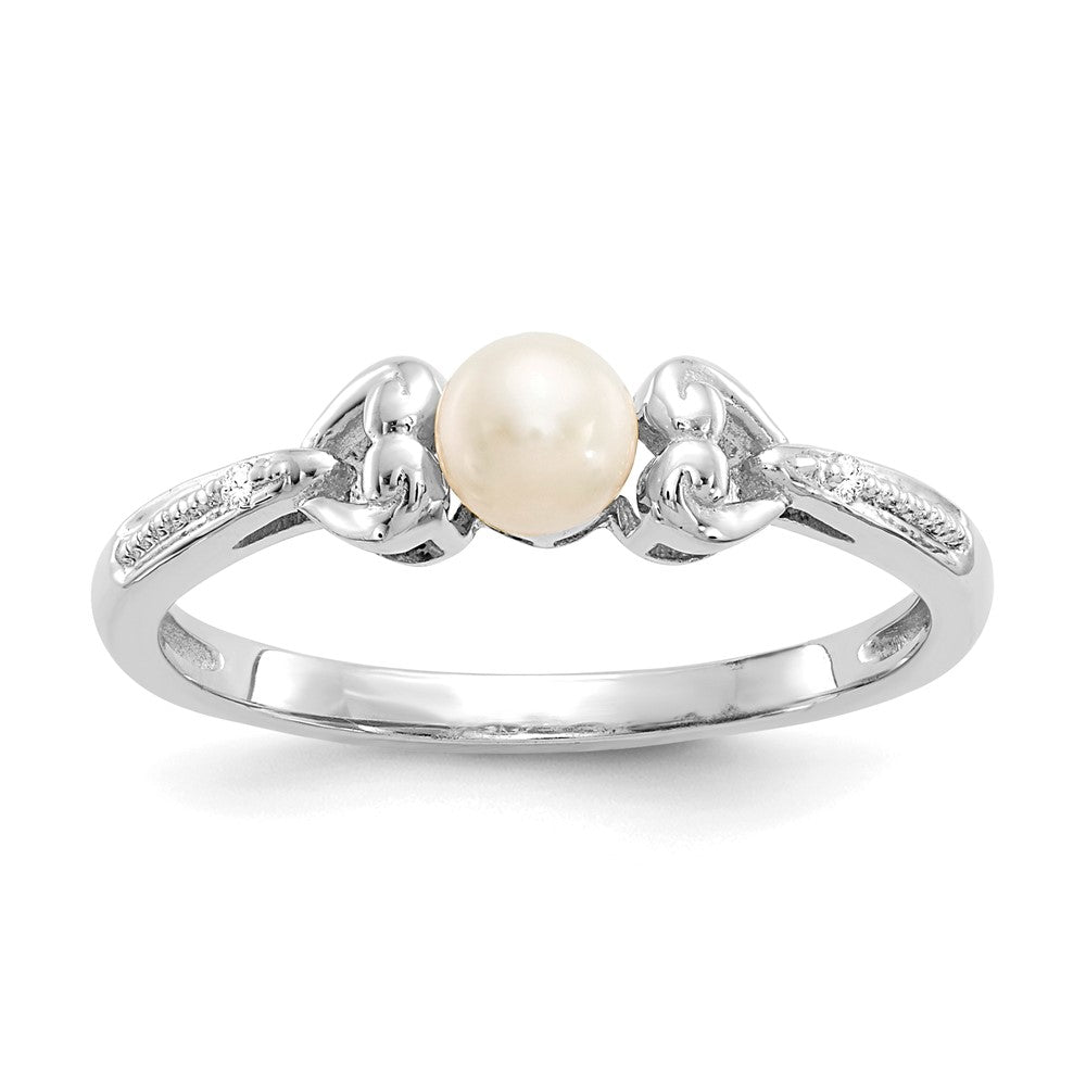 10k White Gold Round June/ Freshwater Cultured Pearl and Diamond Size 7 Ring