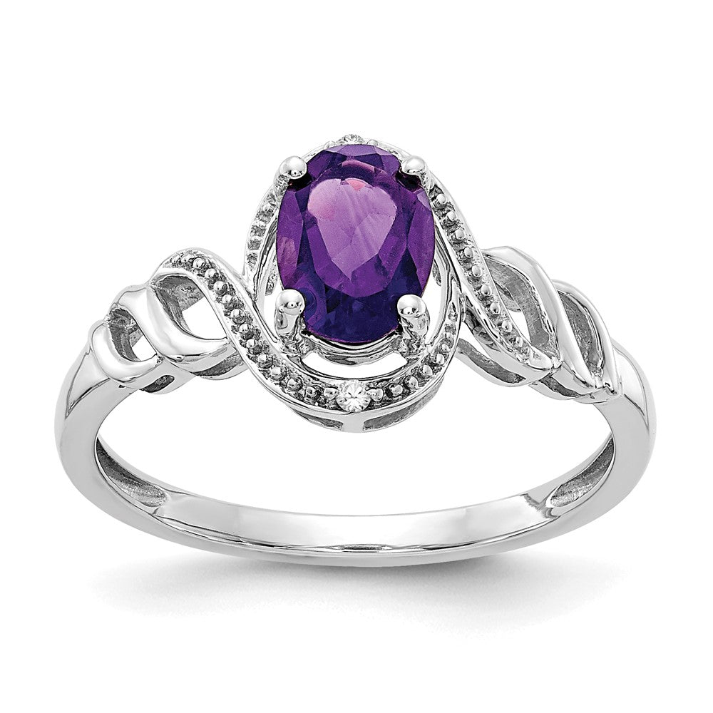 10k White Gold 7x Oval February/ Amethyst and Diamond Size 7 Ring
