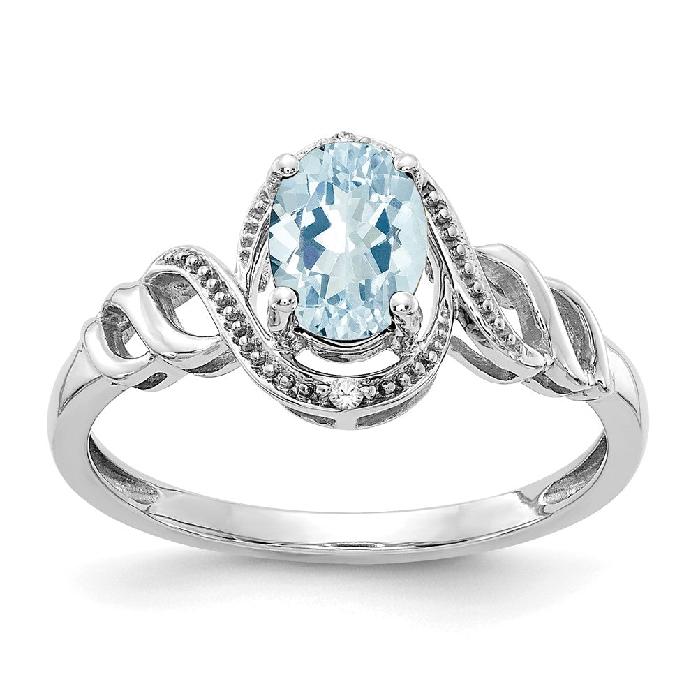 10k White Gold 7x Oval March/ Aquamarine and Diamond Size 7 Ring