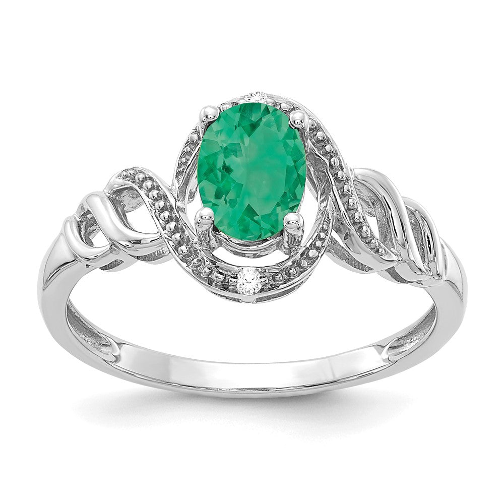 10k White Gold 7x Oval May/ Emerald and Diamond Size 7 Ring