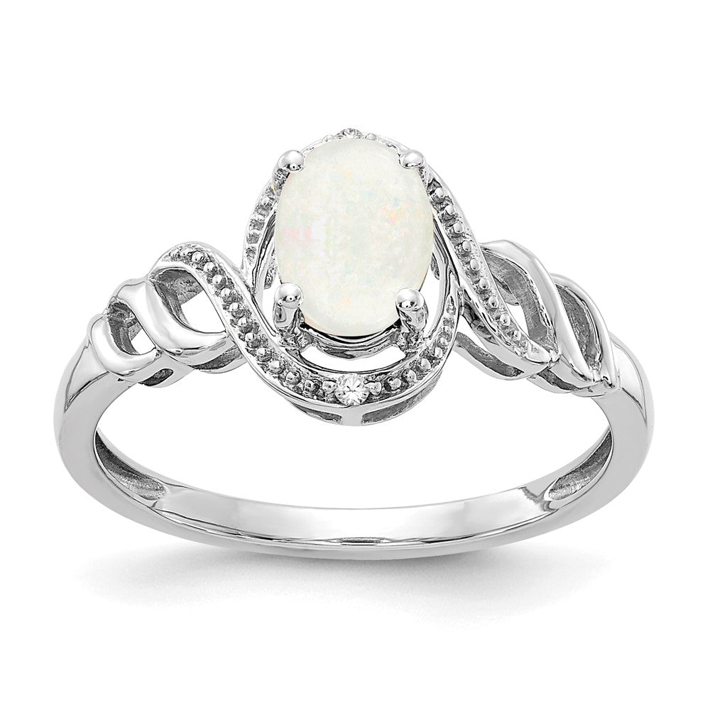 10k White Gold 7x Oval October/ Opal and Diamond Size 7 Ring