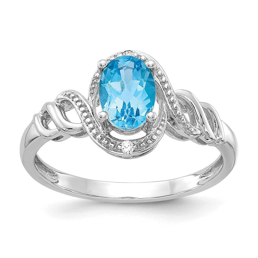 10k White Gold 7x Oval December/ Light Swiss Blue Topaz and Diamond Size 7 Ring