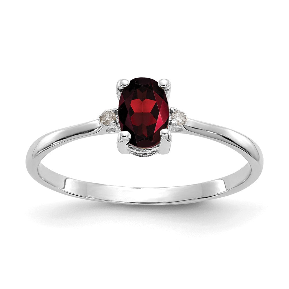 10k White Gold Polished 6x Oval Genuine January/ Garnet and Diamond Birthstone Size 7 Ring