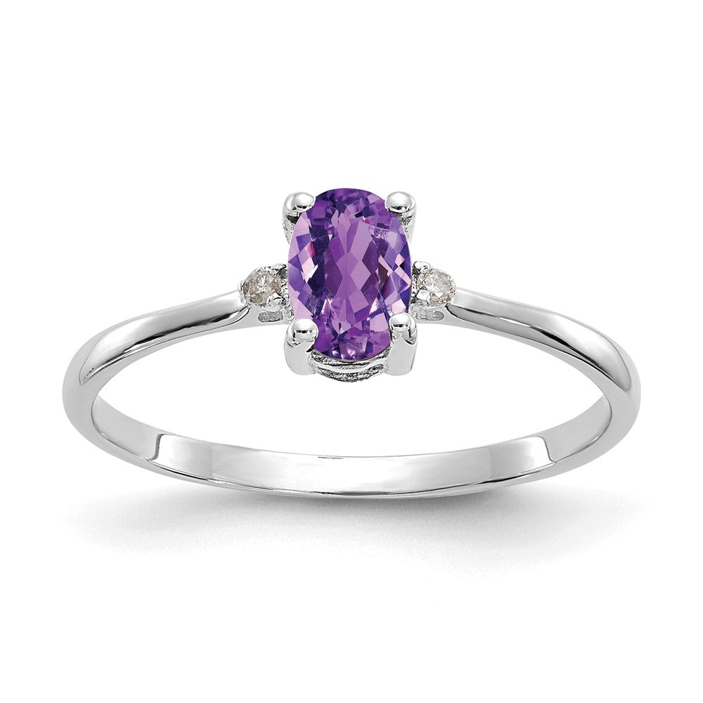 10k White Gold Polished 6x Oval Genuine February/ Amethyst and Diamond Birthstone Size 7 Ring