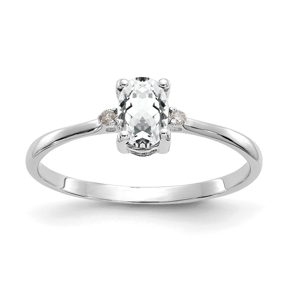 10k White Gold Polished 6x Oval Genuine April/ White Topaz and Diamond Birthstone Size 7 Ring