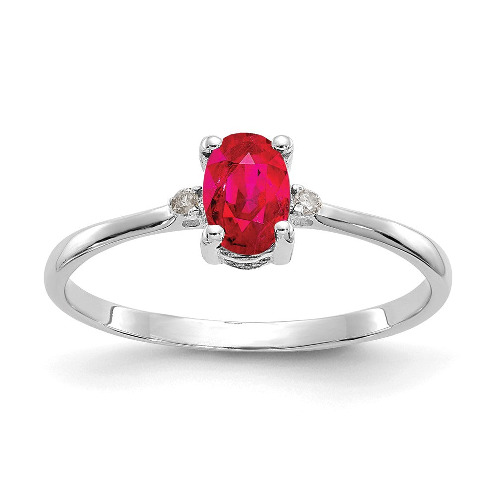 10k White Gold Polished 6x Oval Genuine July/ Ruby and Diamond Birthstone Size 7 Ring
