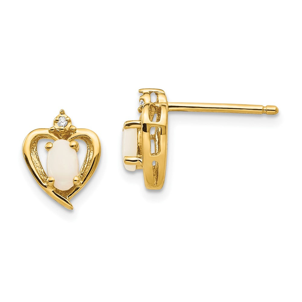 10K 5x Oval Opal Cabochon and Diamond Heart Post Earrings