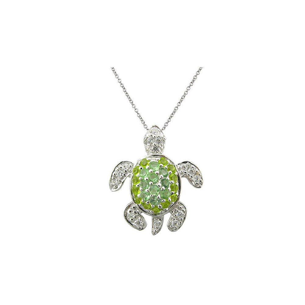 Sterling Silver Rhodium-plated White and Green CZ Turtle Necklace with extension