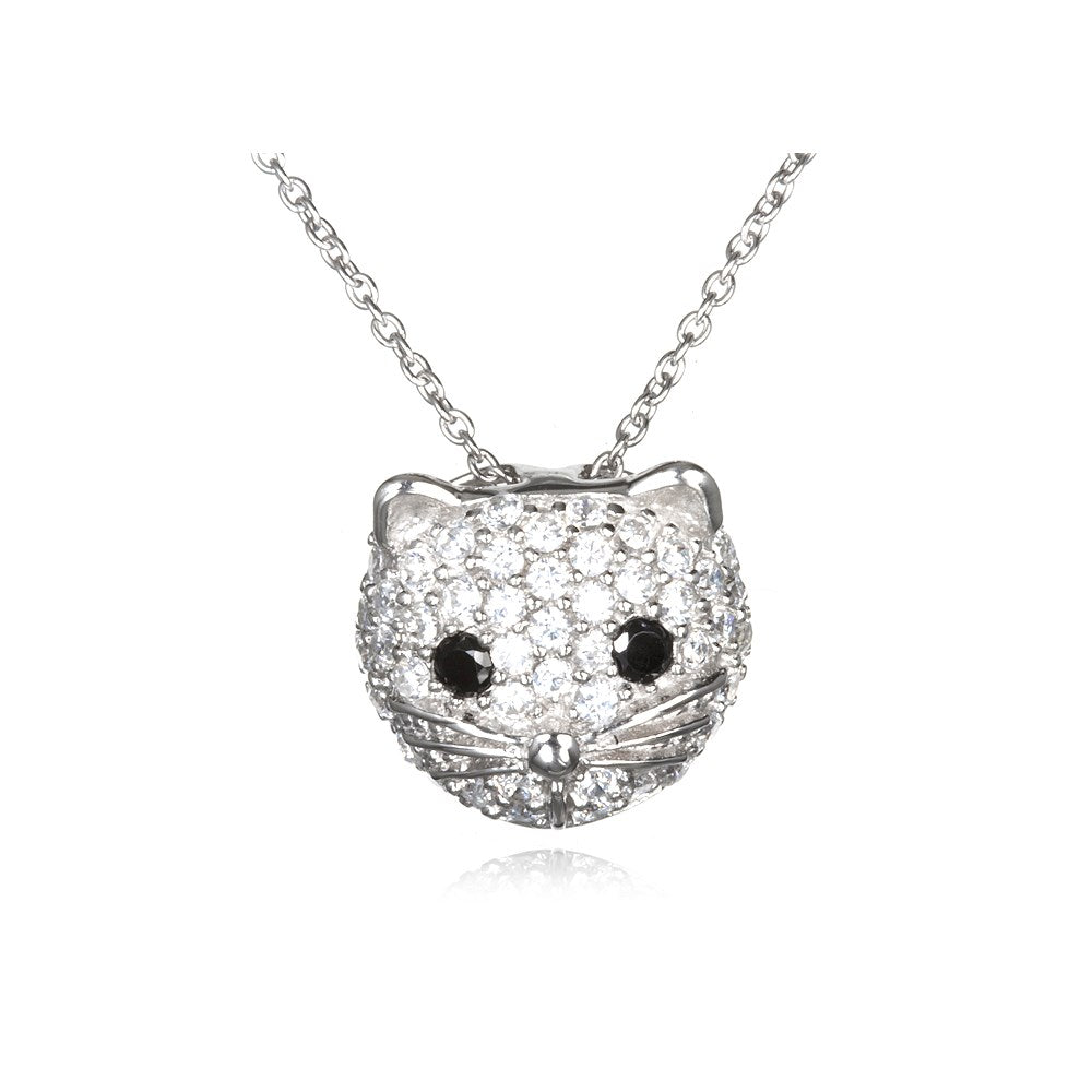 Sterling Silver Rhodium-plated Polished Black and White CZ Cat 16 Inch with 2 Inch Extension Necklace