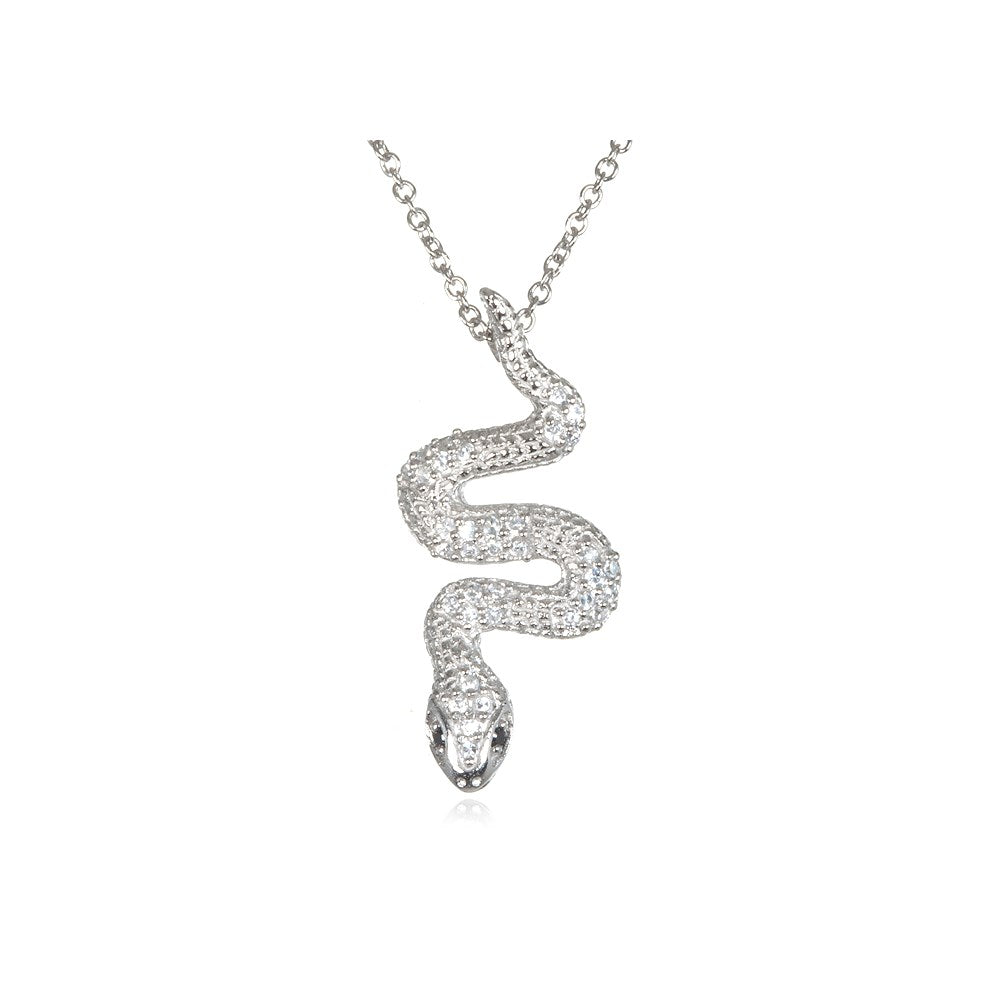 Sterling Silver Rhodium-plated White and Black CZ Snake 16 Inch Necklace with 2 Inch Extension