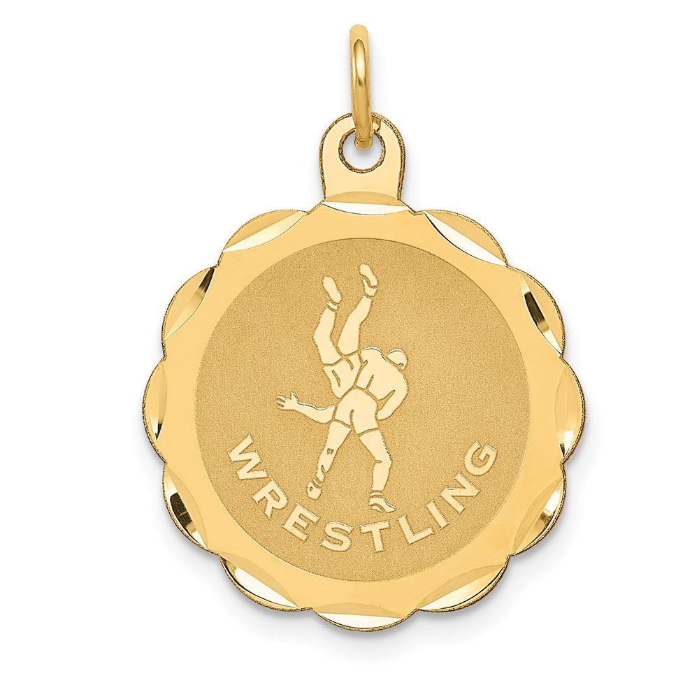 14k WRESTLING Scalloped Edge Engravable Disc Charm
