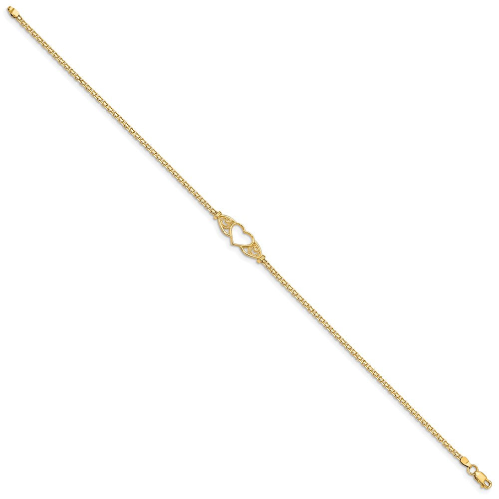 14k Polished Open Heart with Filigree and Bismark Chain Anklet