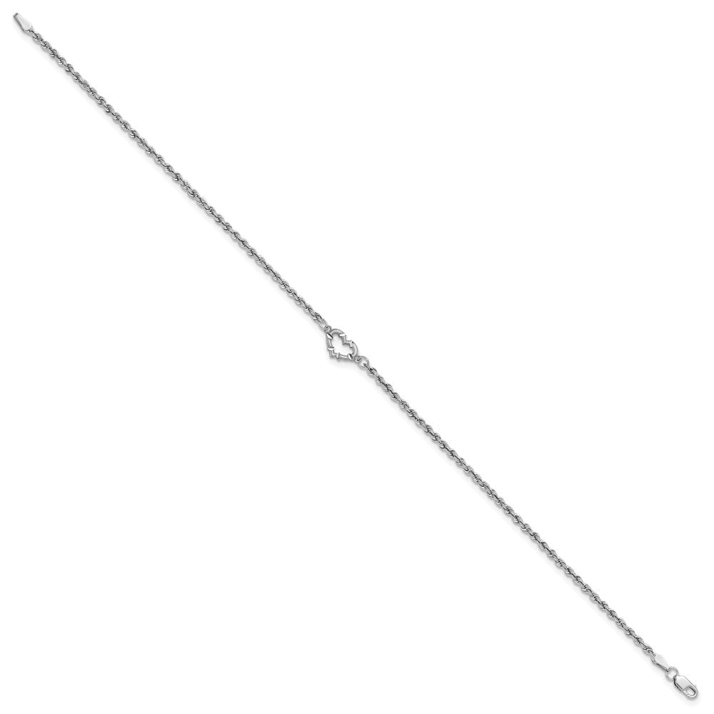 14k White Gold Diamond-cut Open Heart and Rope Chain Anklet