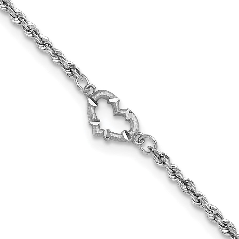 14k White Gold Diamond-cut Rope with Heart Anklet