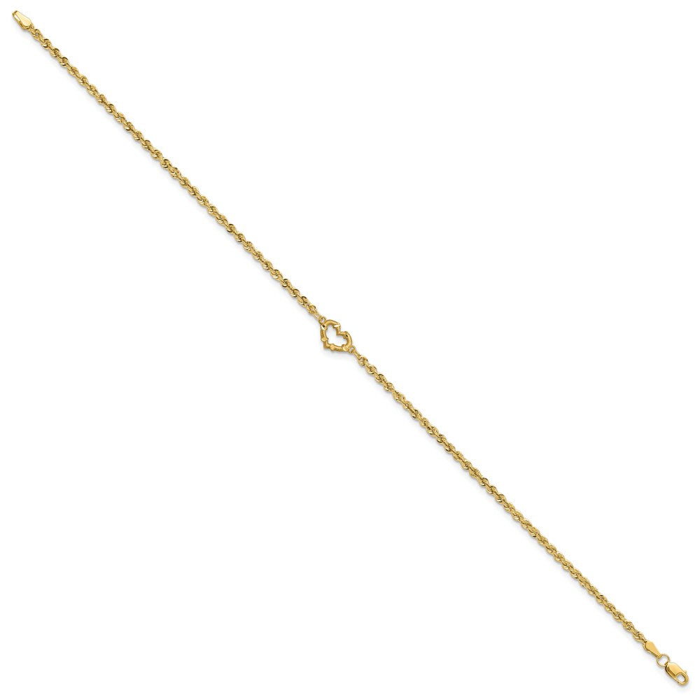 14k Diamond-cut Open Heart and Rope Chain Anklet