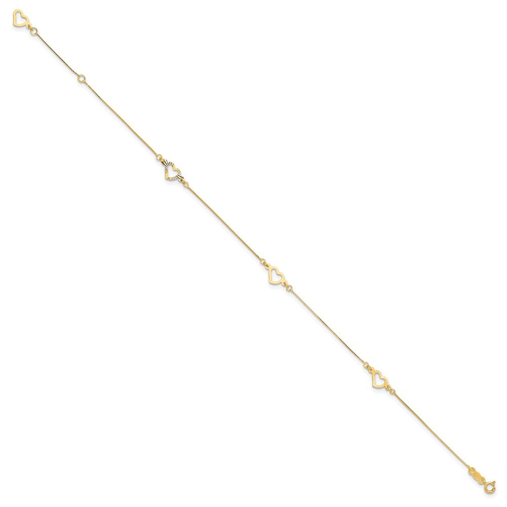 14K Fancy Open Hearts 3-Station Anklet Plus Heart Dangle Extender
