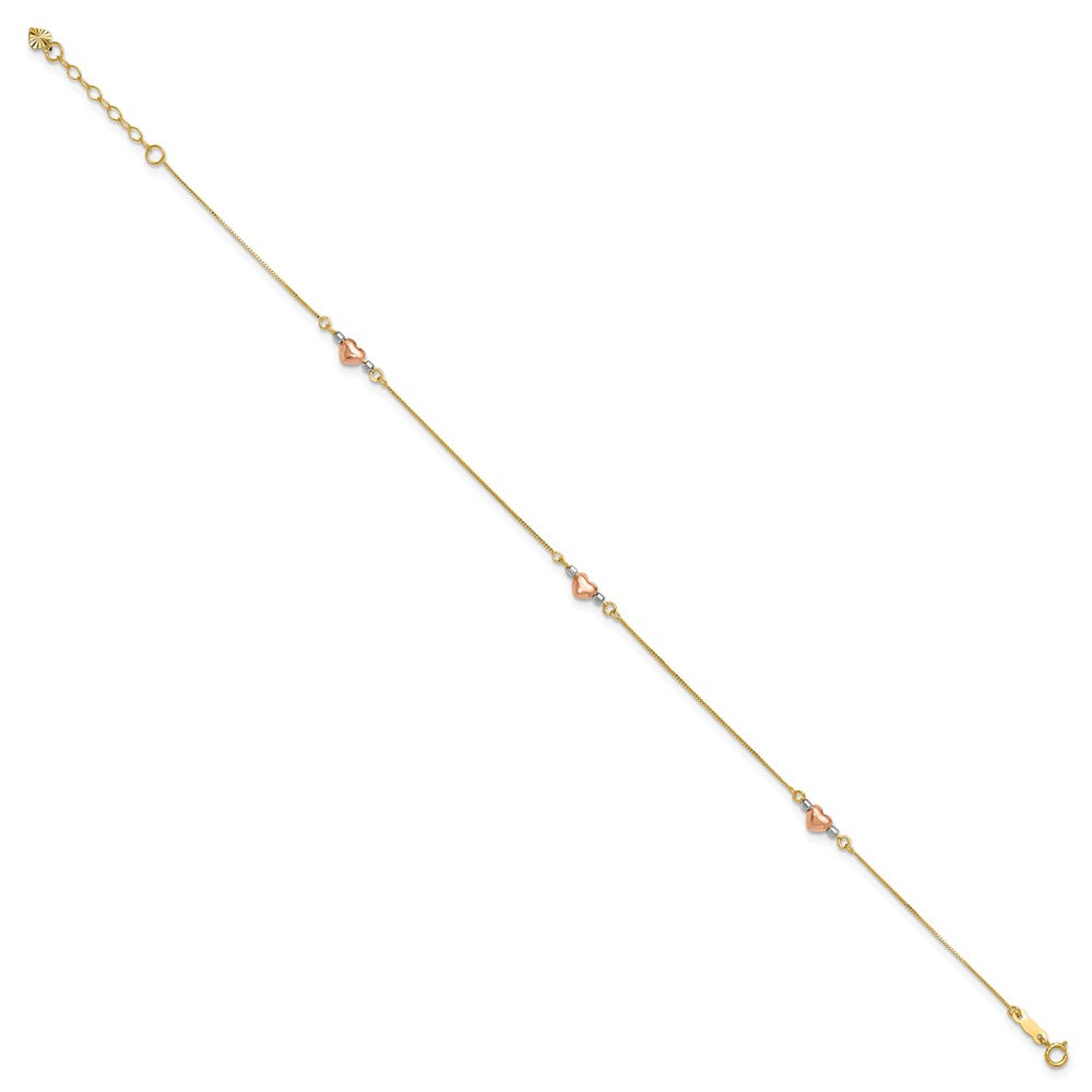 14k Tri-Color Puffed Hearts and Beads Plus Extender - Total Anklet