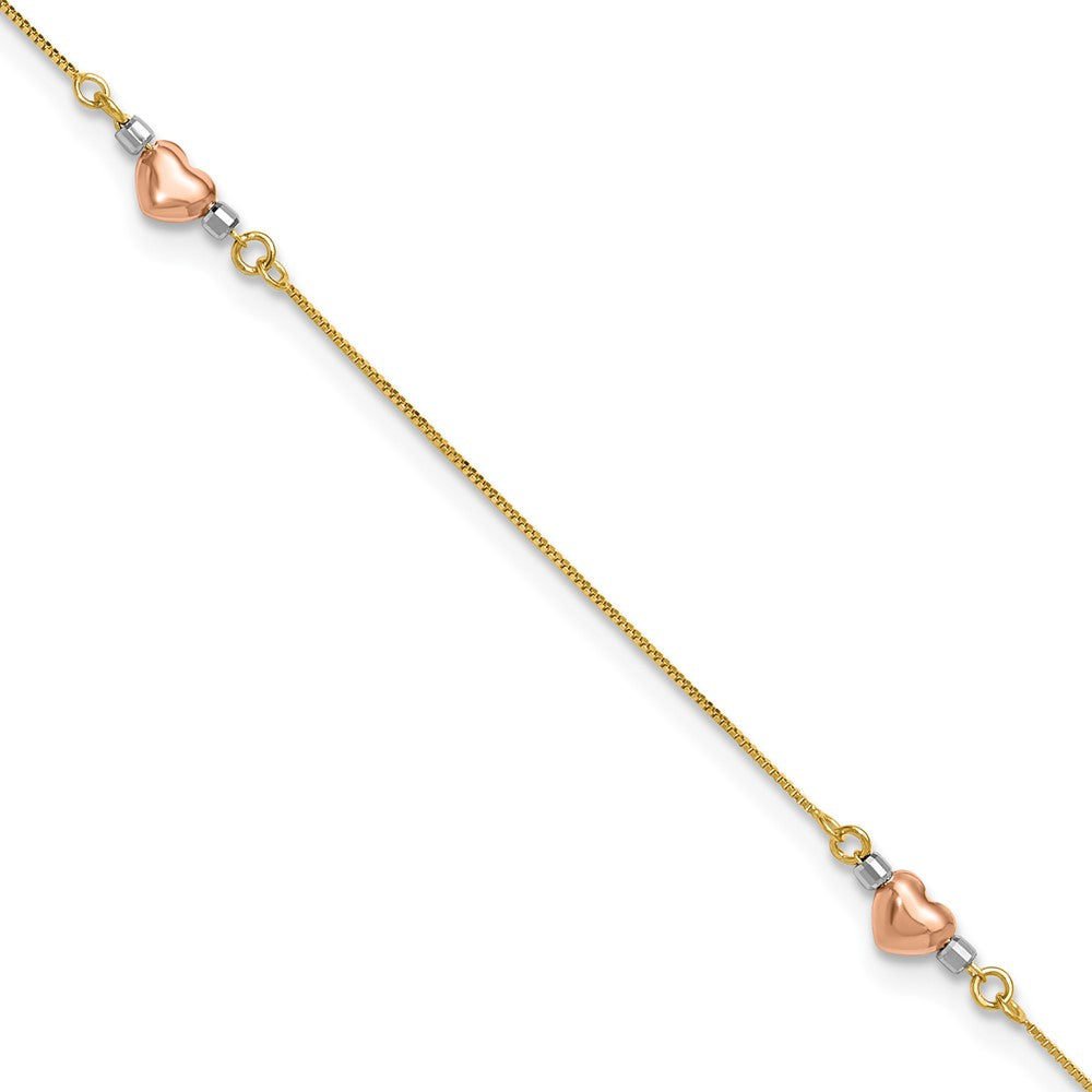 14k Tri-Color Puffed Hearts and Beads Plus Extender - Total Anklet