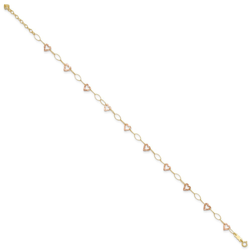 14k Two-tone Hammered Open Hearts and Oval Link Plus Extender - Total Anklet