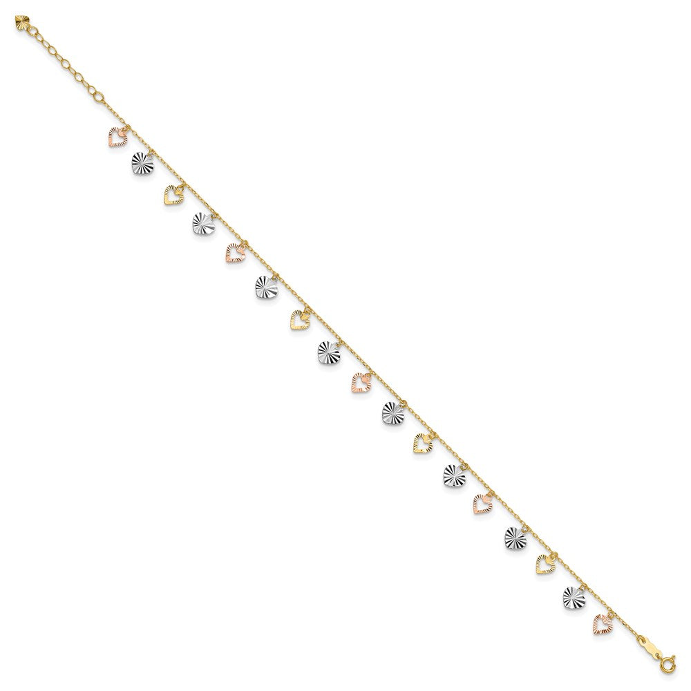 14K Tri-Color Dangle Hearts Plus Extender - Total Anklet