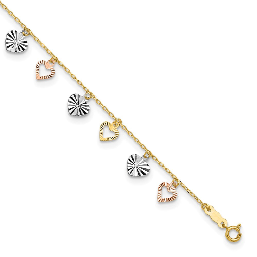 14K Tri-Color Dangle Hearts Anklet Plus Heart Dangle Extender