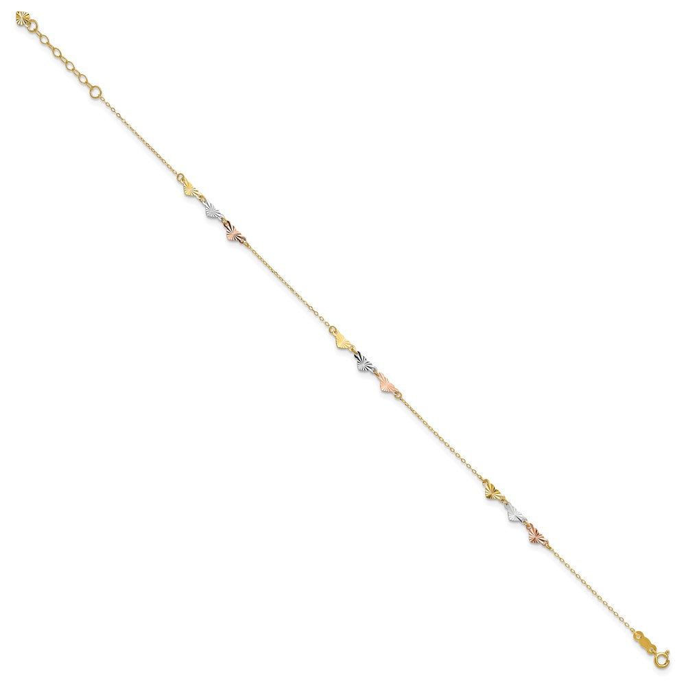 14K Tri-Color Diamond-cut Hearts Plus ext Anklet