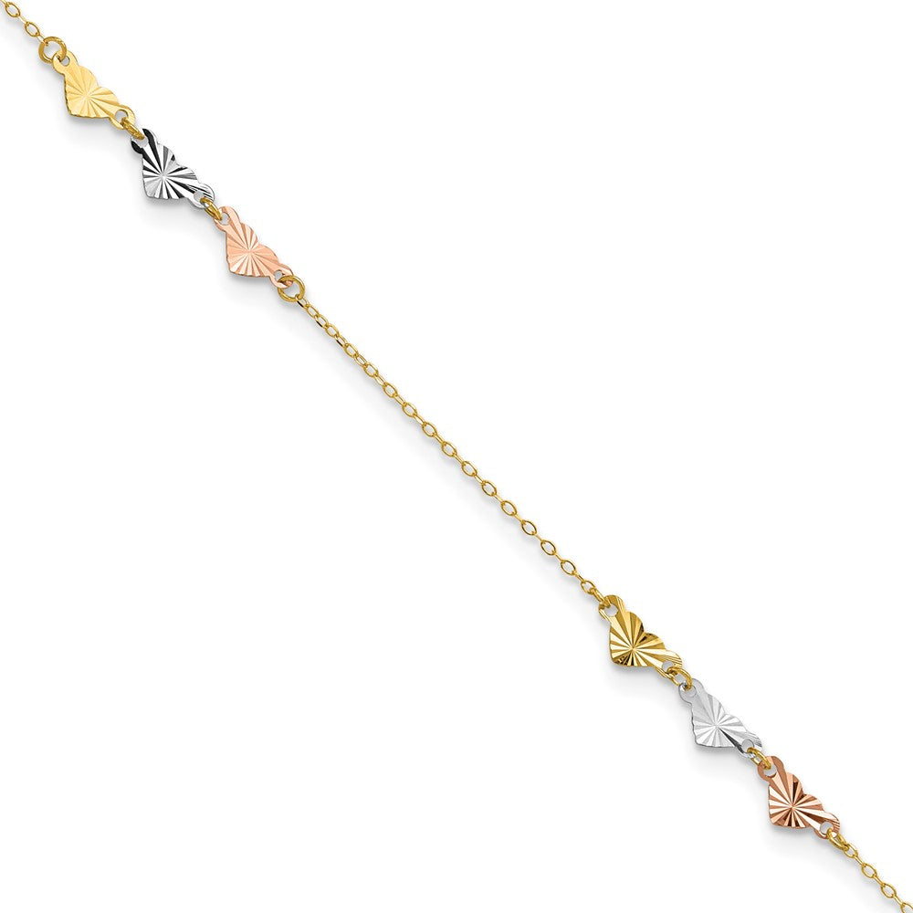 14K Tri-Color Diamond-cut Hearts Plus ext Anklet