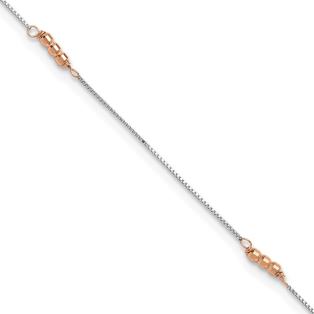14K Two-Tone Mirror Beaded 4-Station Anklet Plus Heart Dangle Extender