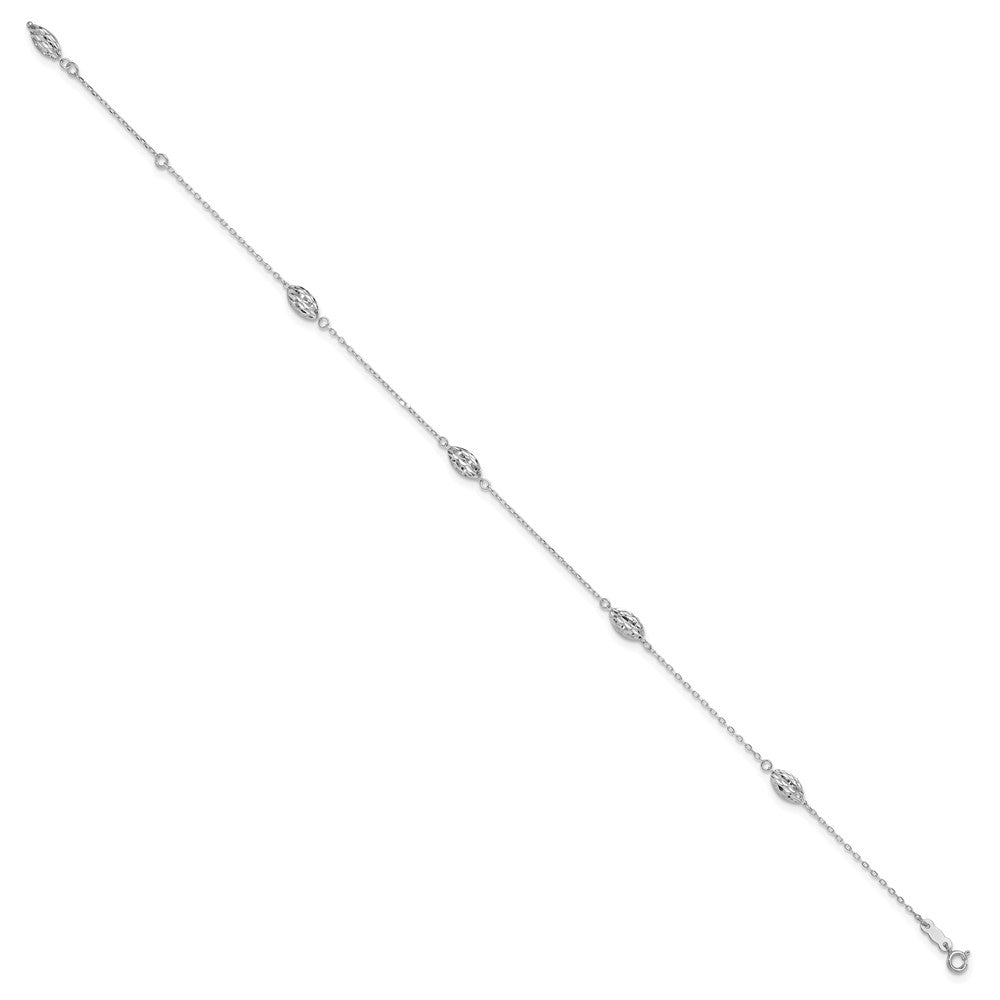 14k White Gold Diamond-cut Rice Puff Beads 4-Station Plus Extender - Total Anklet