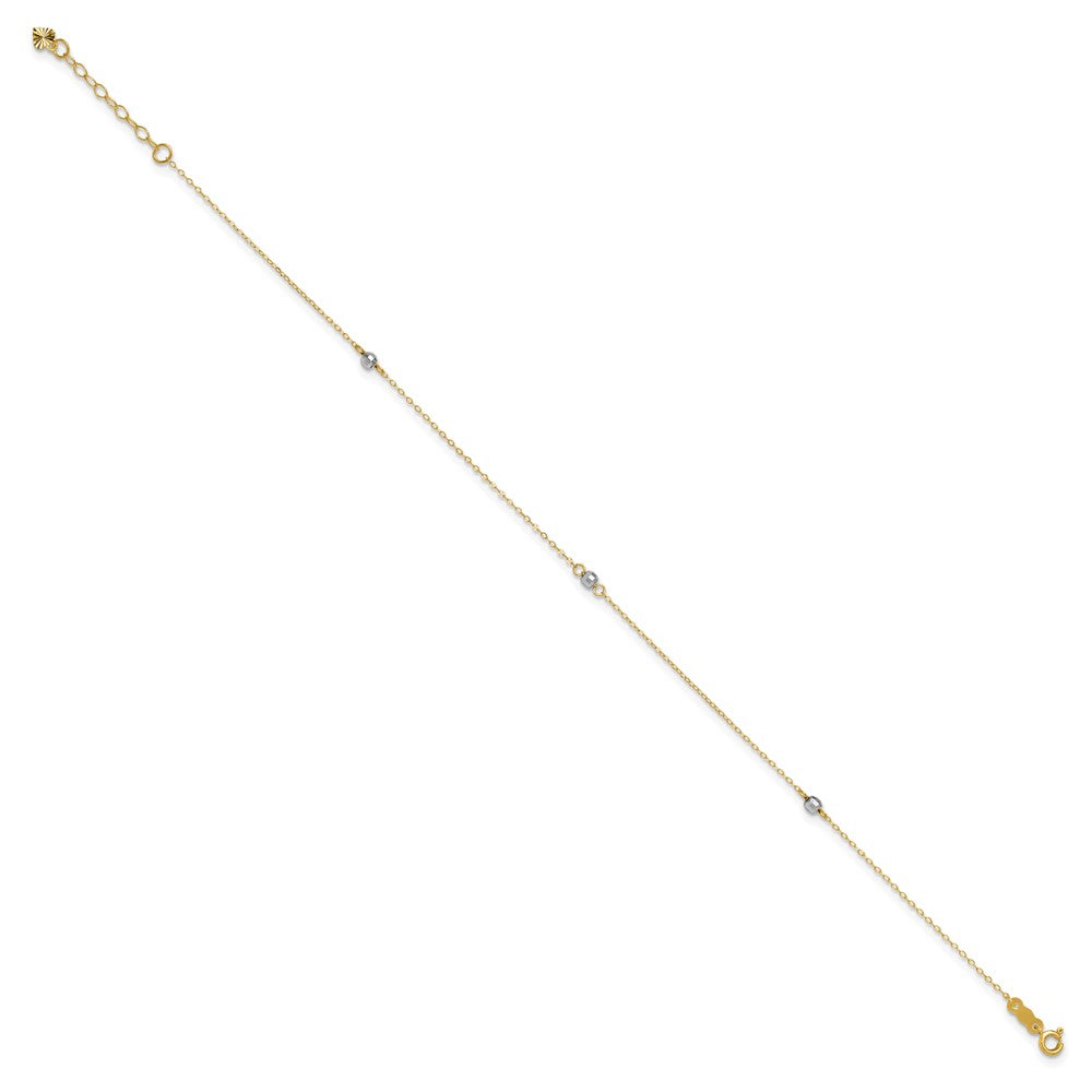 14k Two-tone Mirror Beads 3-Station Anklet Plus Heart Dangle Extender