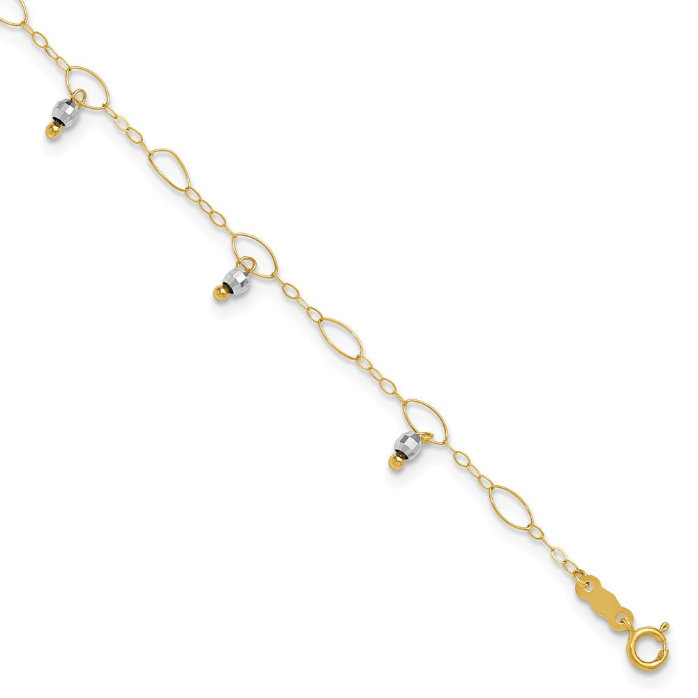 14K Two-Tone Mirror Bead Dangles Anklet Plus Heart Dangle Extender