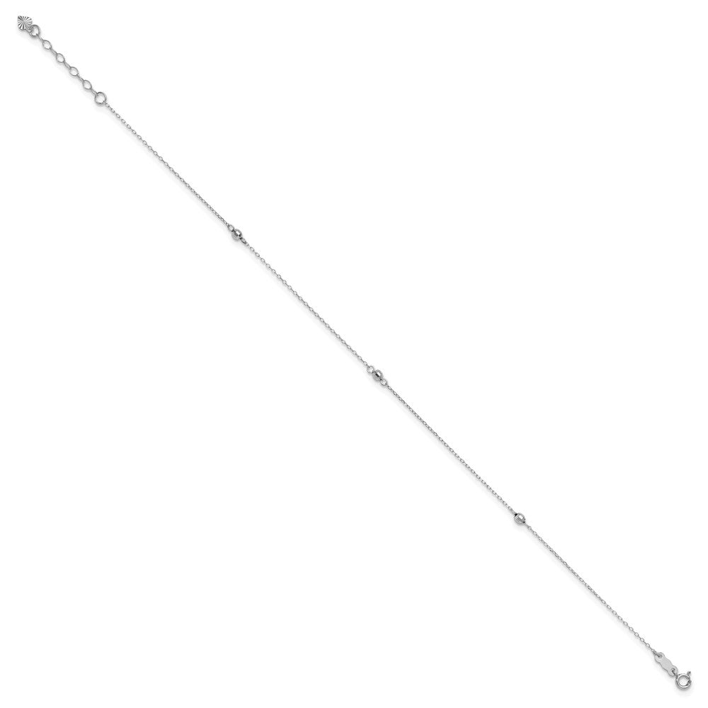 14K White Gold Mirror Beads 3-Station Anklet Plus Heart Dangle Extender