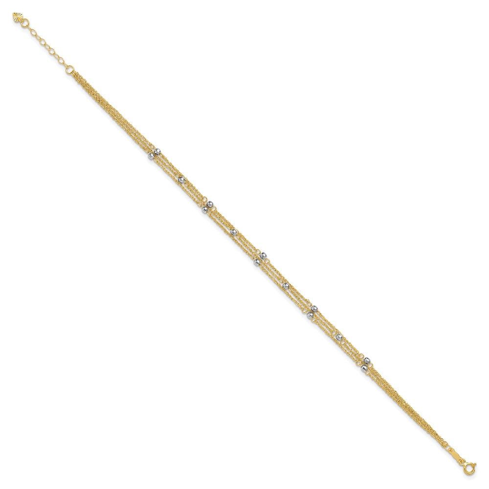 14k Two-tone Triple Strand Spiga Chain with Mirror Beads Anklet Plus Heart Dangle Extender
