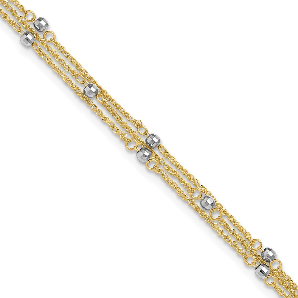 14k Two-tone Triple Strand Spiga Chain with Mirror Beads Anklet Plus Heart Dangle Extender
