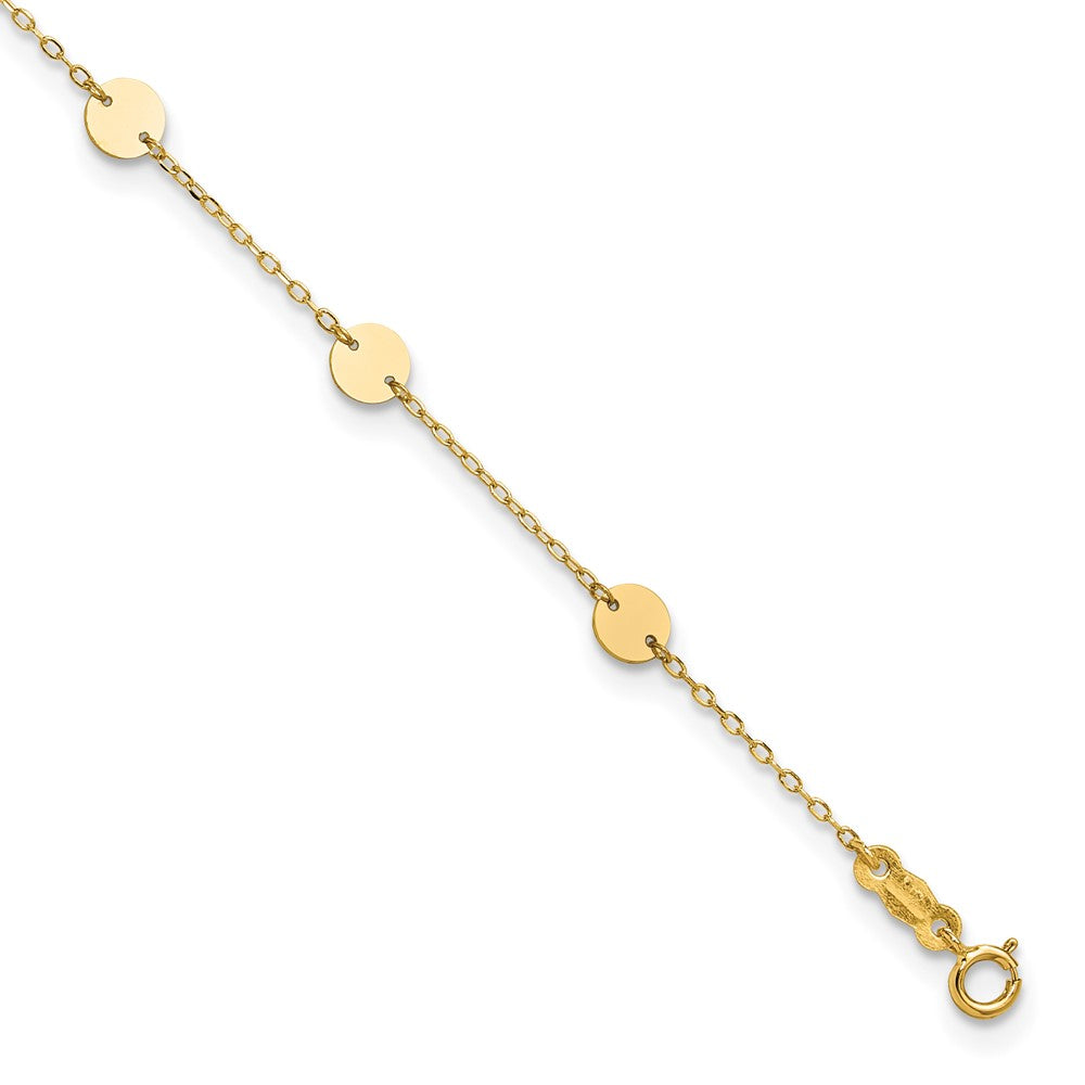 14K Polished Disc 9-Station Anklet Plus Heart Dangle Extender