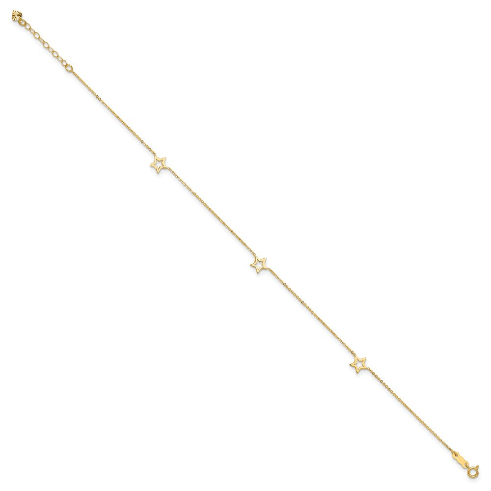 14K Open Star 3-Station Anklet Plus Heart Dangle Extender