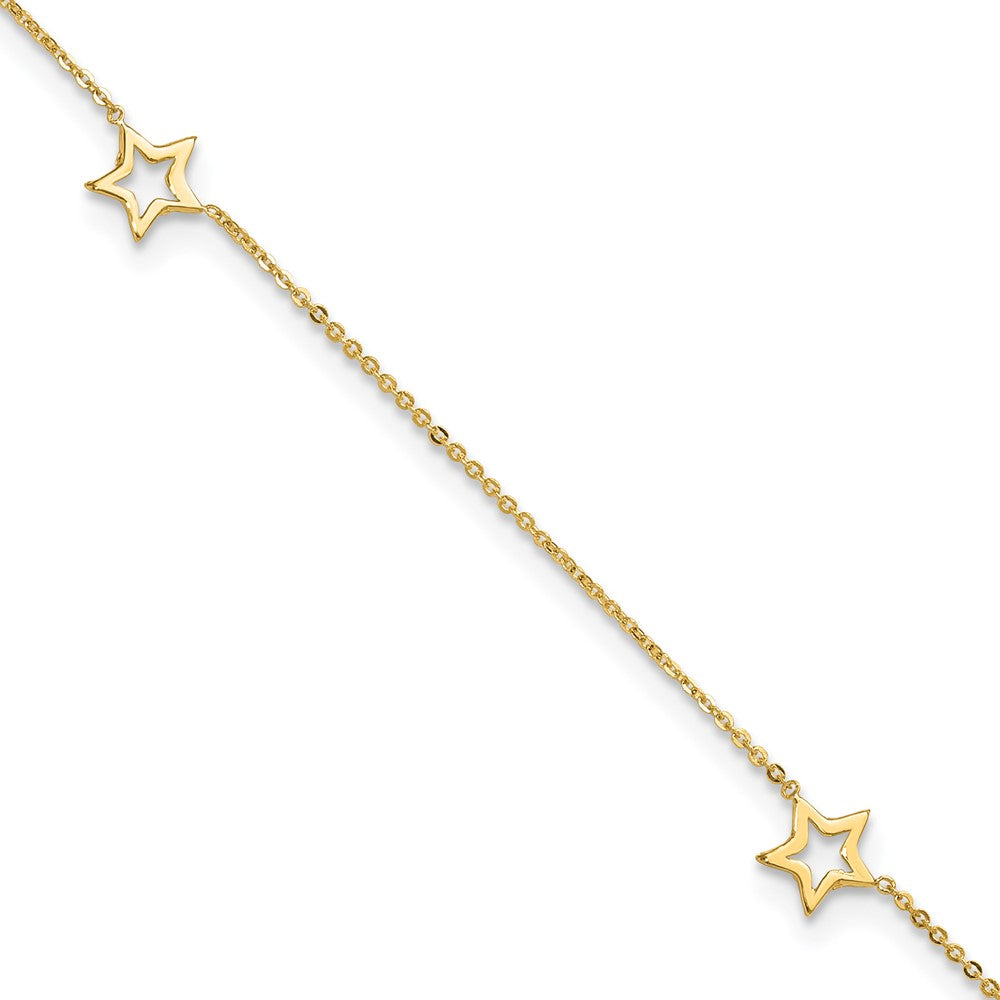 14K Open Star 3-Station Anklet Plus Heart Dangle Extender