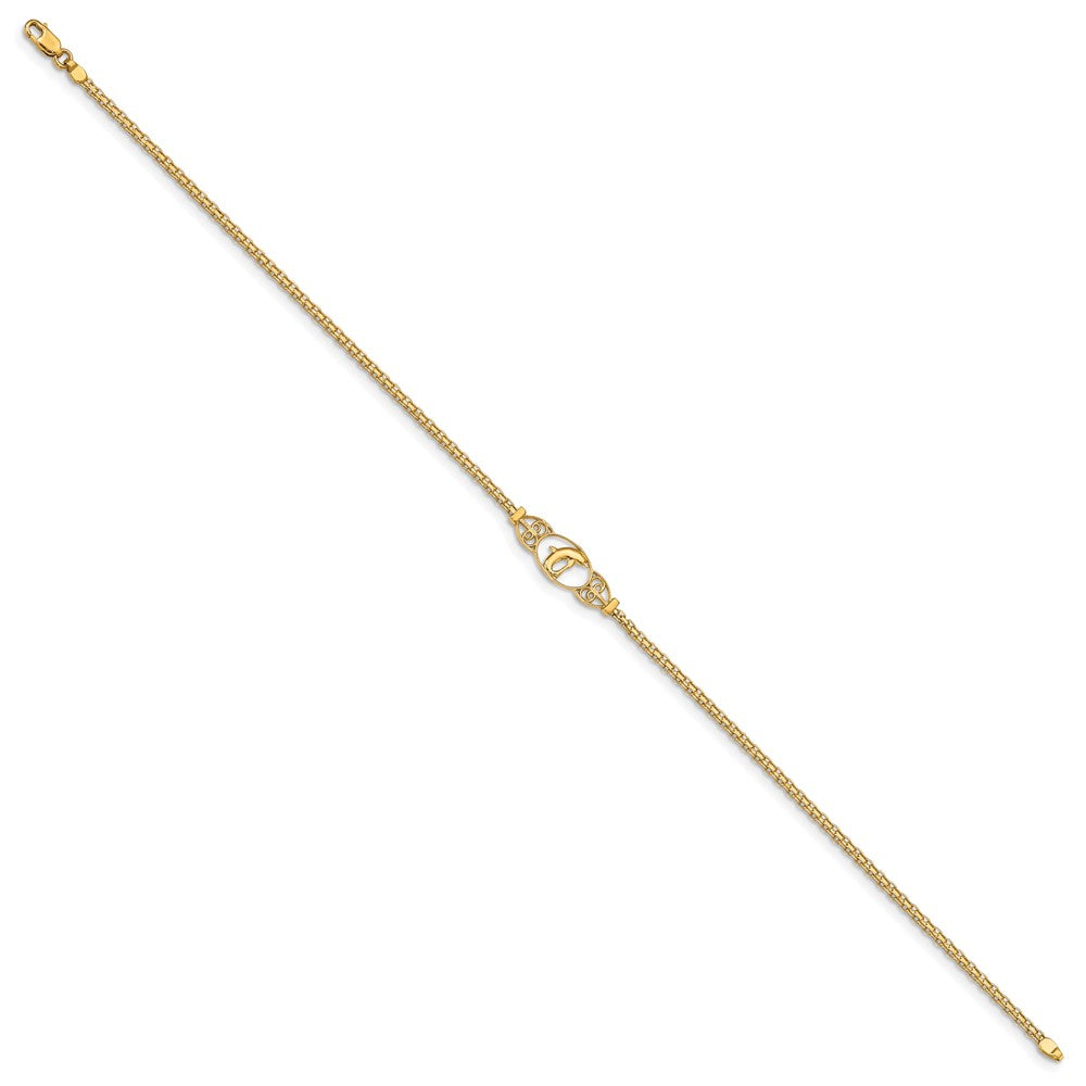 14k Polished Dolphin and Filigree Bismark Chain Anklet