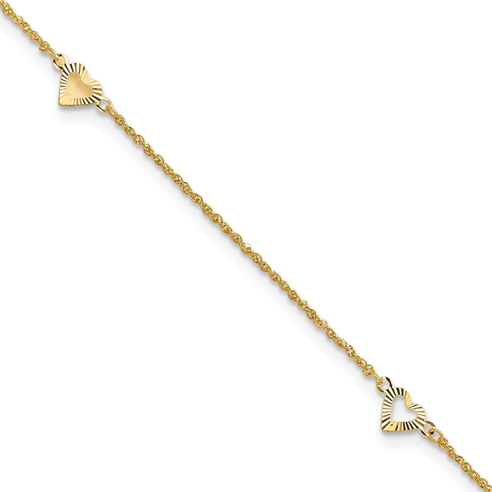 14k Diamond-cut Hearts Plus ext Anklet