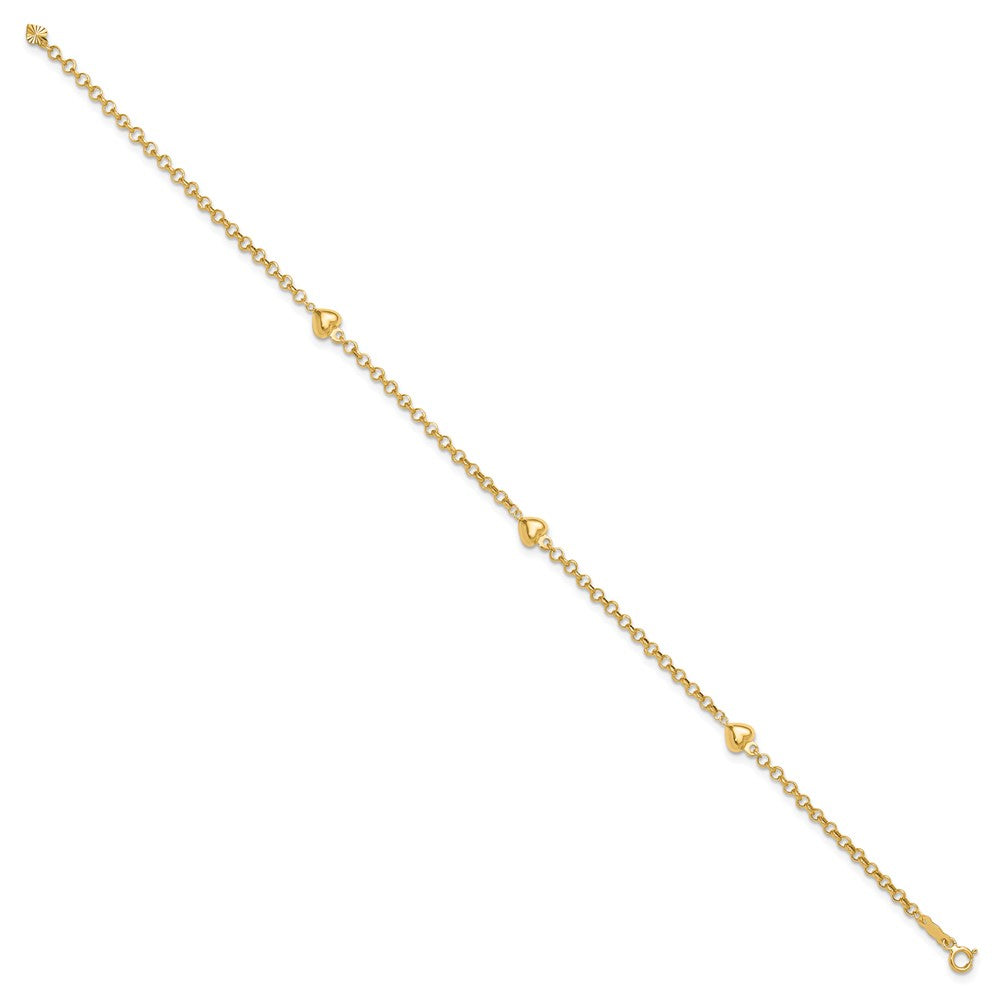 14k Polished Puffed Heart 3-Station Anklet