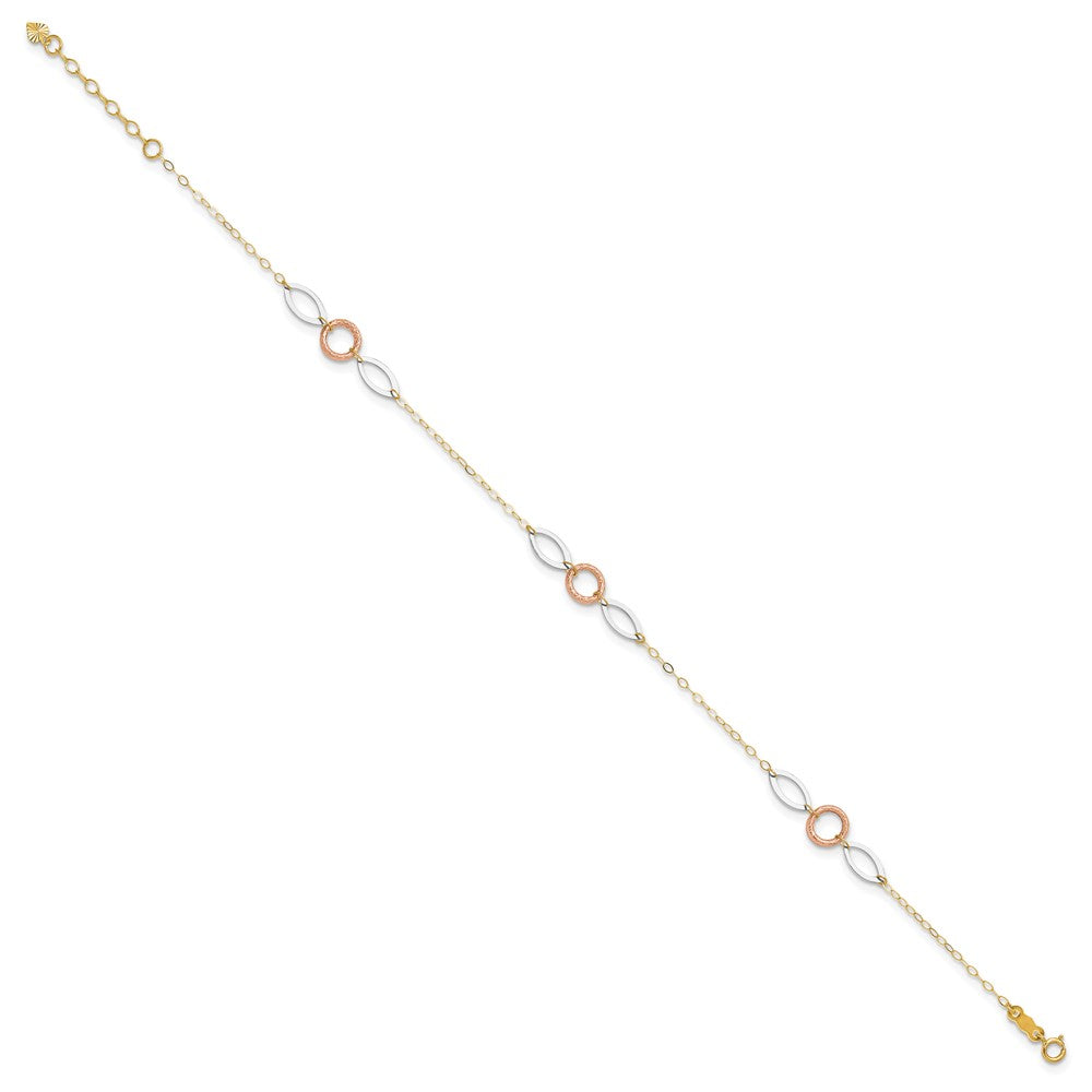 14k Tri-color Circle and Oval 3-Station Anklet Plus Heart Dangle Extender