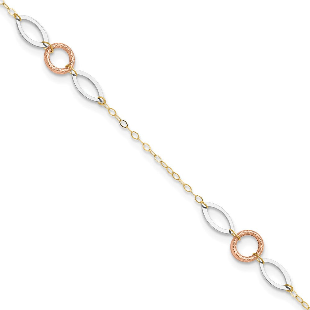 14k Tri-color Circle and Oval 3-Station Plus Extender - Total Anklet