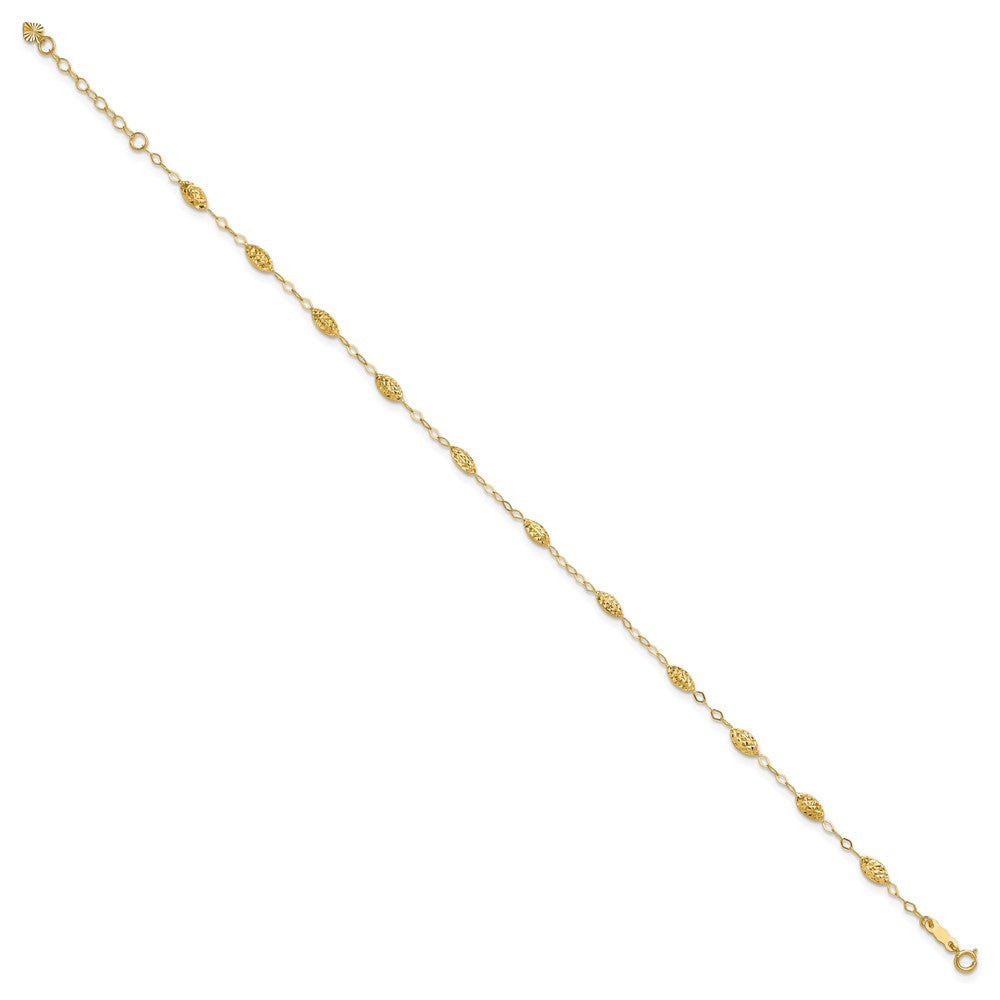 14k Textured Rice Puff Beads Anklet Plus Heart Dangle Extender
